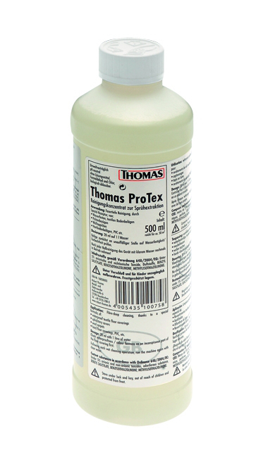 Flasche "Thomas ProTex" Reinigungskonzentrat. Weiße Flasche mit grüner Flüssigkeit und detaillierter Beschriftung.