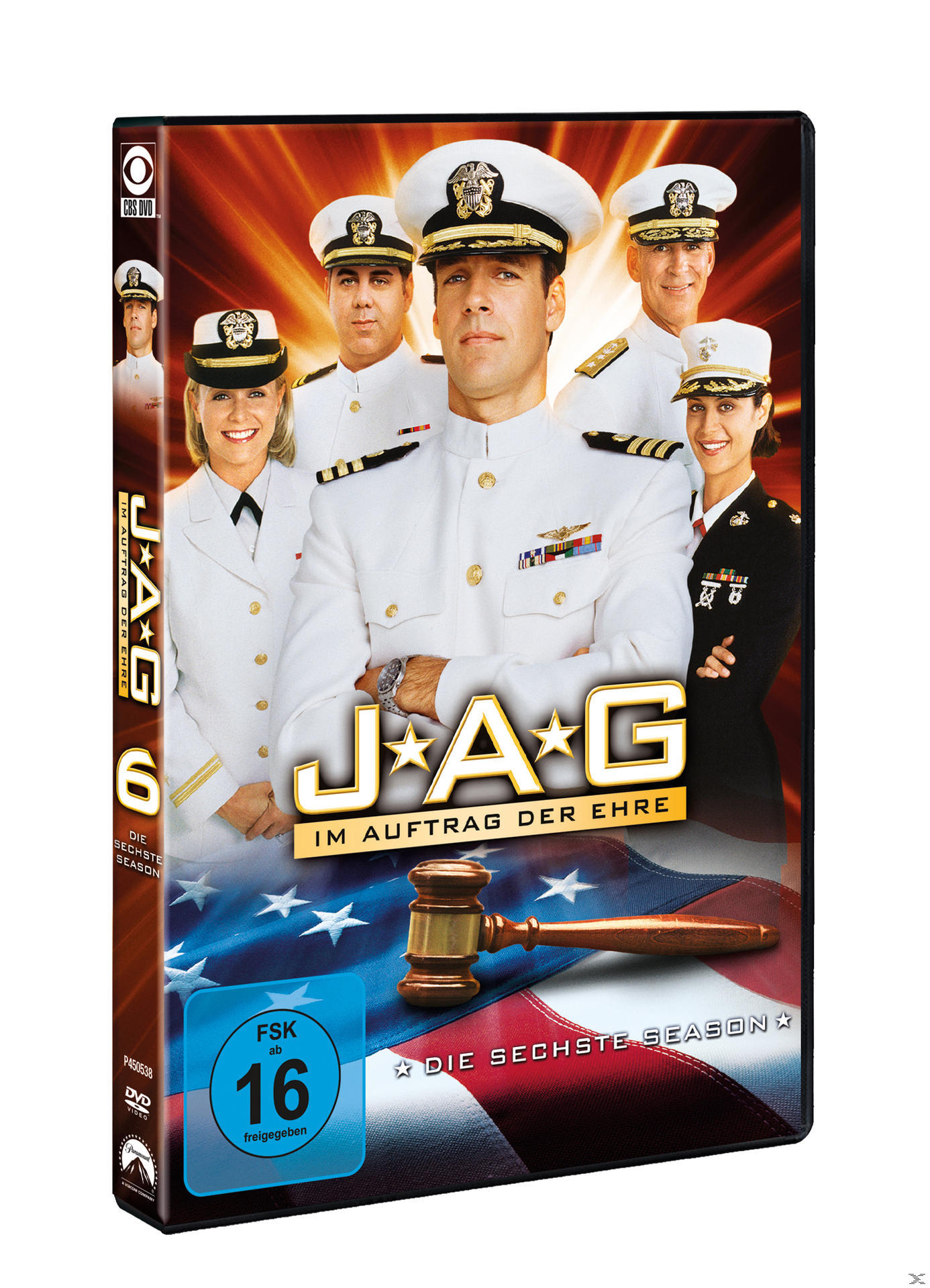 DVD-Cover: Gruppe von Offizieren in weißen Uniformen. Titel: JAG. Amerikanische Flagge und Hammer.