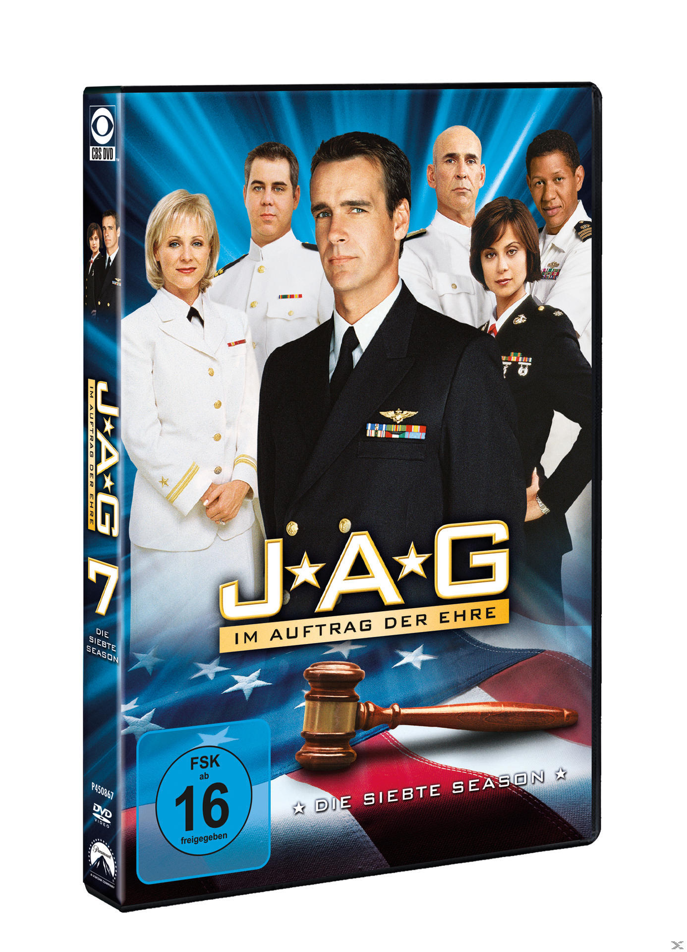 DVD-Cover, JAG-Serie, Besetzung in Uniform, amerikanischer Flaggenhintergrund.
