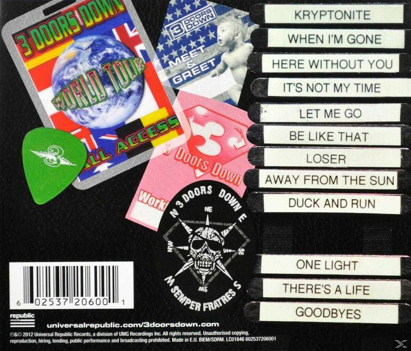 CD mit ein paar Plektren und ein paar Aufklebern. Auf den Aufklebern stehen die Namen der Songs.