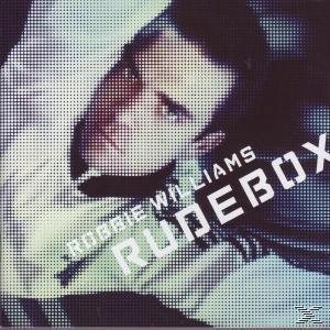 CD borító. Robbie Williams, arc féltónusos hatással, a 'RUDEBOX' szóval fehér színben.