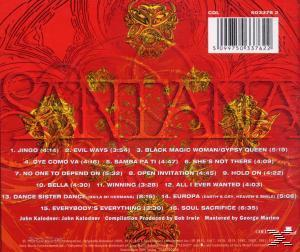 Albumcover: Rückseite eines Santana-Albums. Enthält Titelliste und goldene Designelemente auf rotem Hintergrund.
