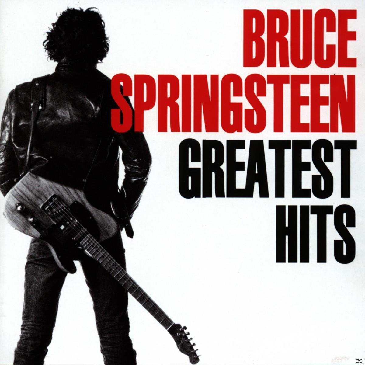 Albumcover mit Bruce Springsteen in einer Lederjacke, der eine Gitarre hält, mit dem Text 'Greatest Hits'.