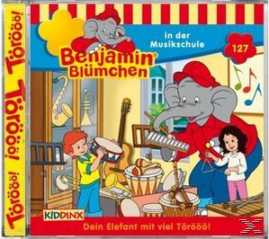Ein Kinder-Albumcover mit einem Zeichentrick-Elefanten und Kindern, die Musikinstrumente spielen. Der Hintergrund ist eine Schule.