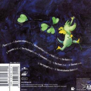 Albumrückseite: Cartoon-Bild eines Drachen, Kleeblatt und Text auf Deutsch.