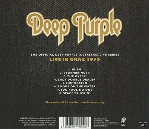 Album-Rückseite mit 'Deep Purple'-Logo und Trackliste auf dunklem, strukturiertem Hintergrund. Text und Logos enthalten.