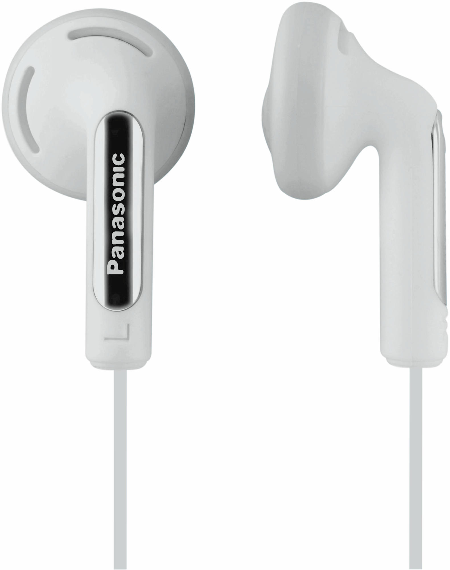 Białe słuchawki Panasonic. Zbliżenie dwóch słuchawek z logo Panasonic i literą L.