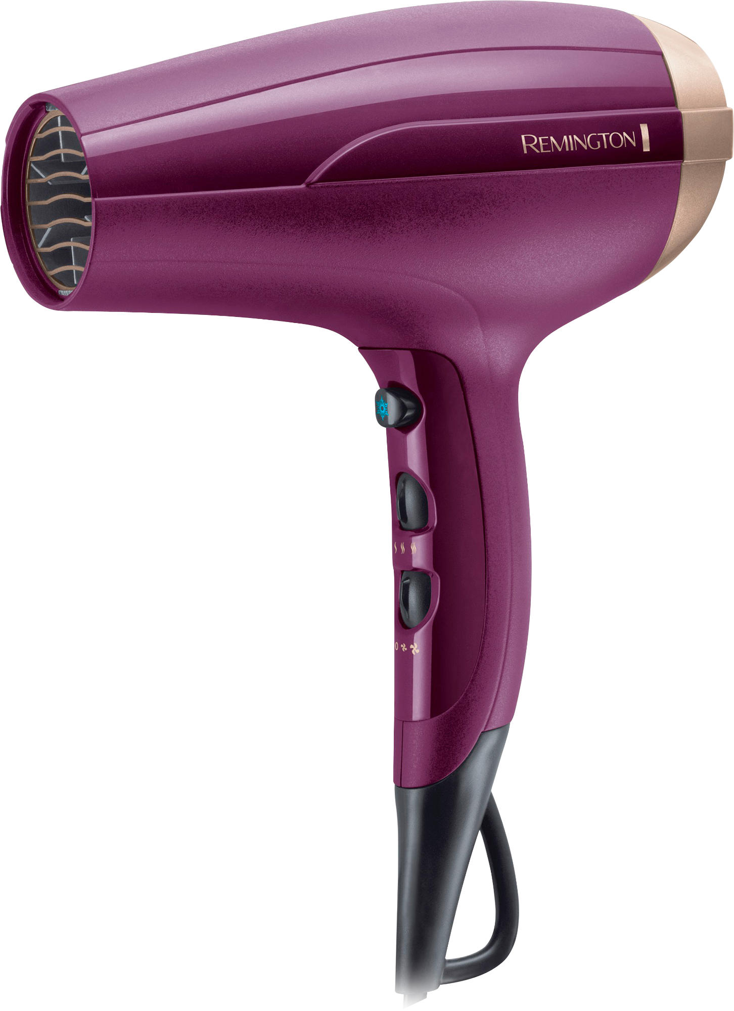 Fioletowa suszarka do włosów ze złotymi akcentami. Widoczna nazwa marki 'Remington'.