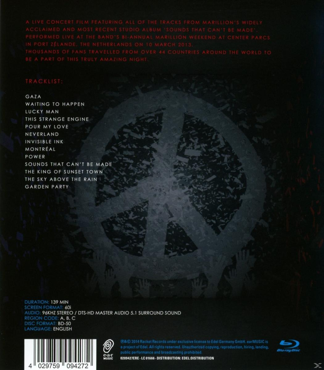 Marillion-Album-Rückseite. Tracklist und ein Friedenssymbol stehen im Mittelpunkt. Text in Weiß auf dunklem Hintergrund.