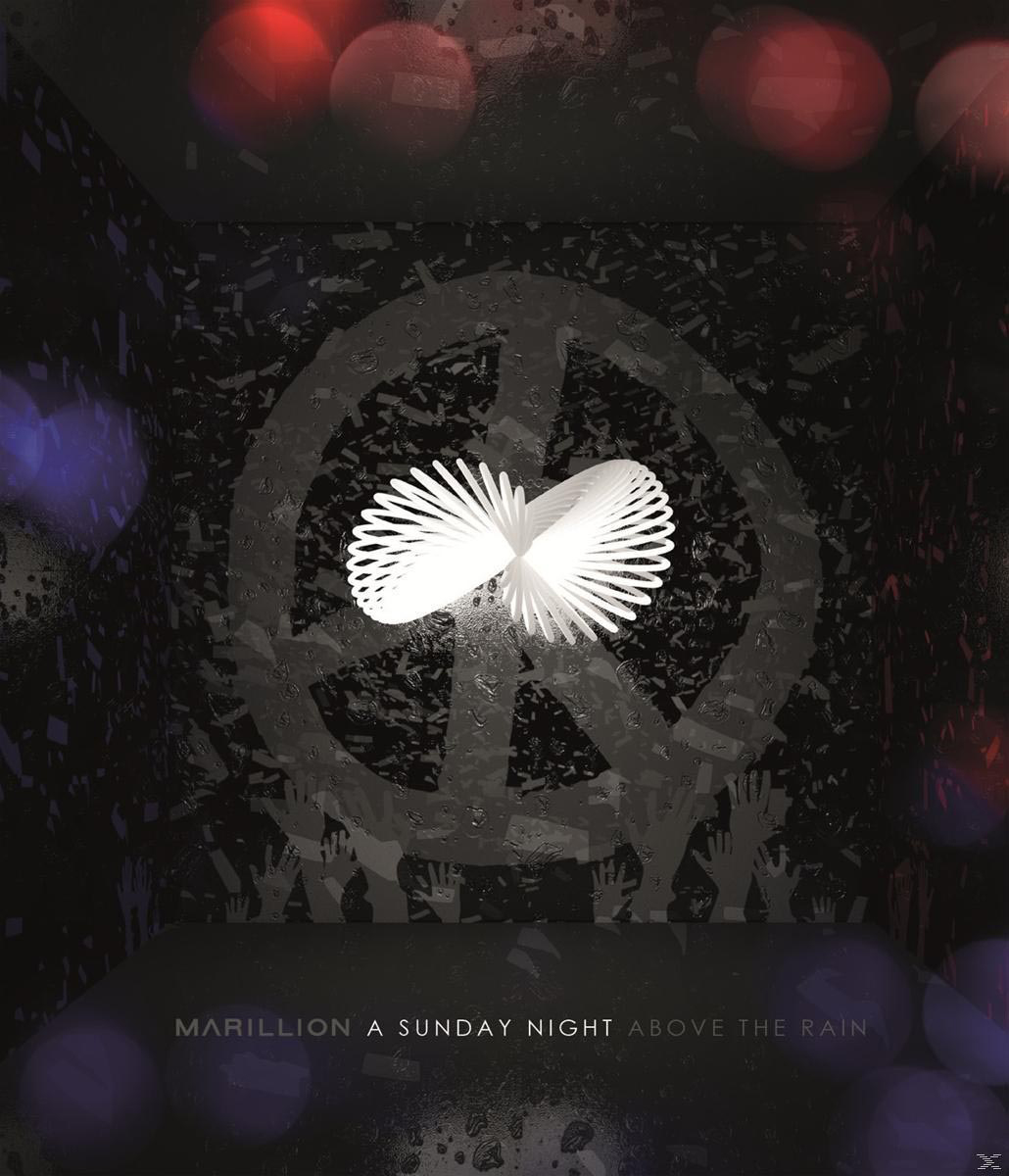 Abstraktes Bild eines Friedenszeichens mit Händen und den Worten 'Marillion A Sunday Night Above the Rain'.