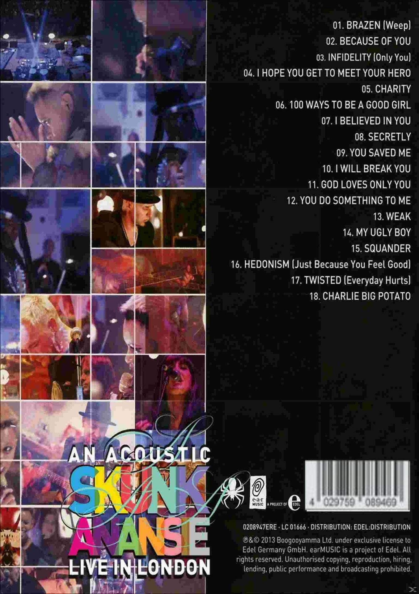 Albumcover mit Live-Performance-Aufnahmen. Text: An Acoustic Skunk Anansie, Live in London. Mehrere kleine Bilder werden gezeigt.