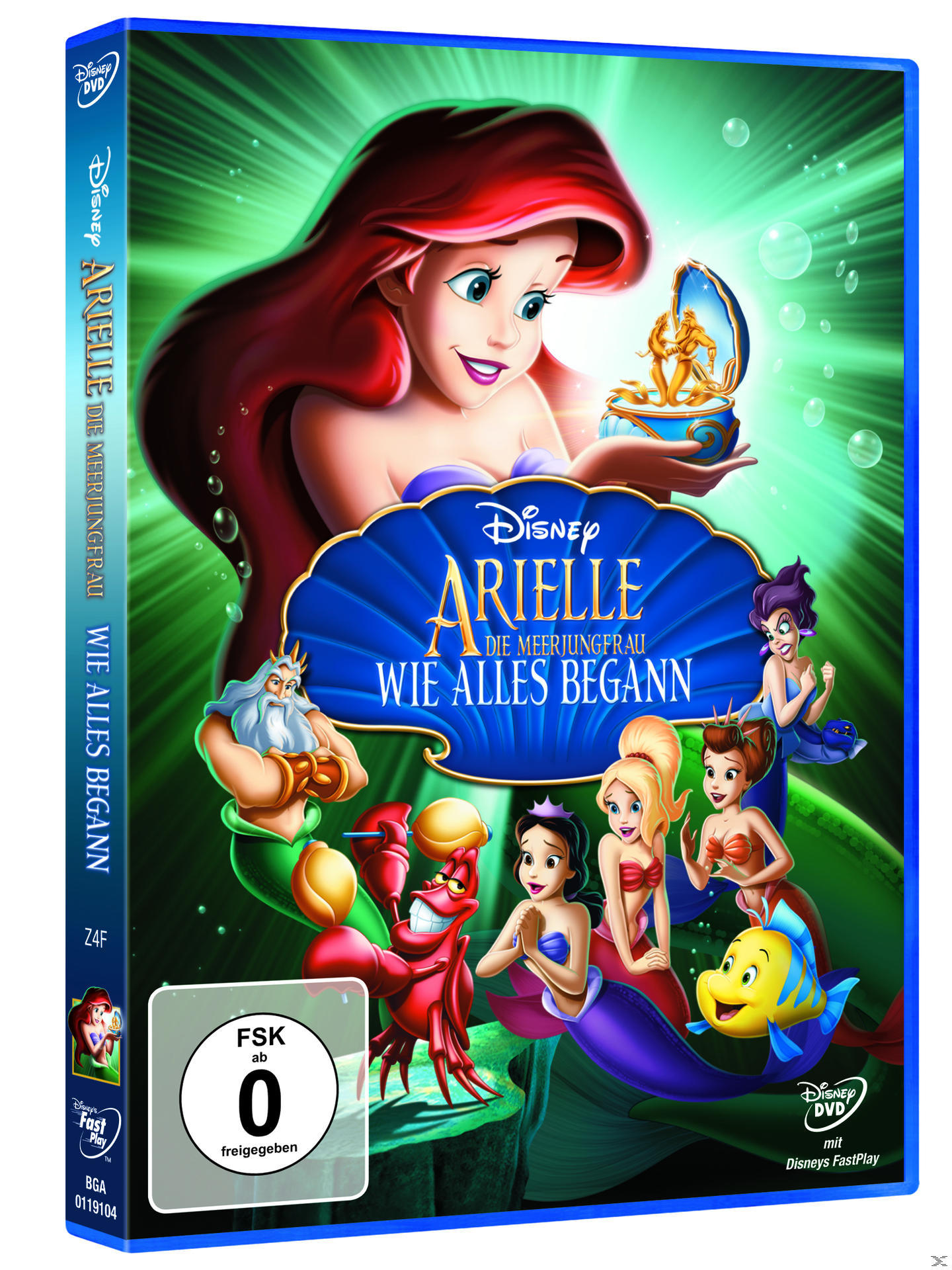 DVD-Hülle von Disneys 'Arielle, die Meerjungfrau' mit Arielle und anderen Figuren in einer türkisfarbenen Unterwasserszene.