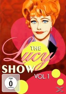 DVD-Cover. Cartoon von Lucille Ball. Titel: The Lucy Show Vol. 1. Roter Hintergrund, gelbe Kreise und Text.