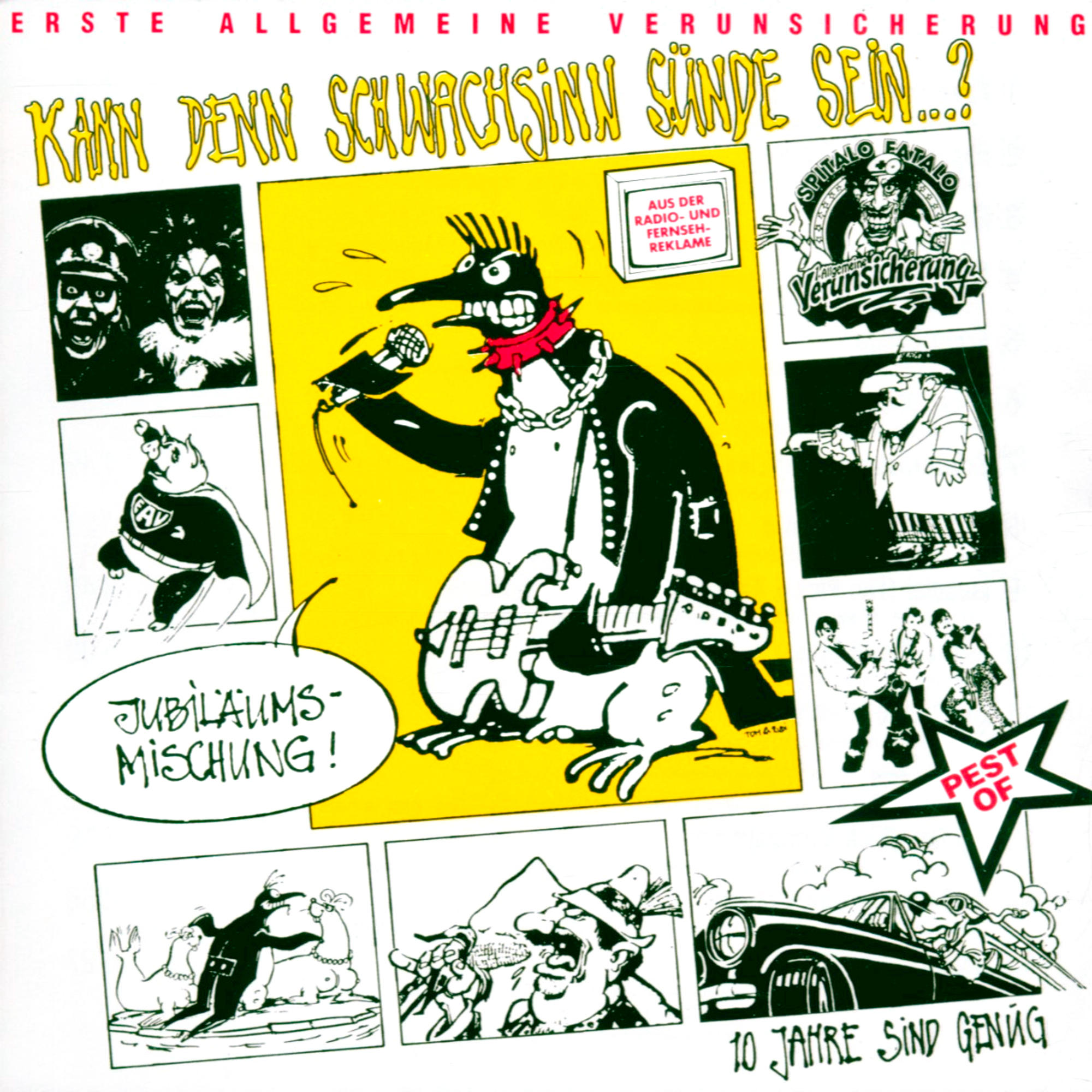 Comic-Cover mit Cartoonfiguren und Text auf Deutsch. Gelber Hintergrund mit verschiedenen Panels.