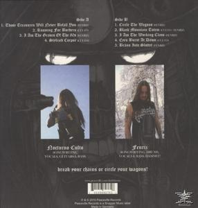 Album-Rückseite mit Text und zwei Fotos von Bandmitgliedern, sowie einem Barcode und dem Bandlogo.