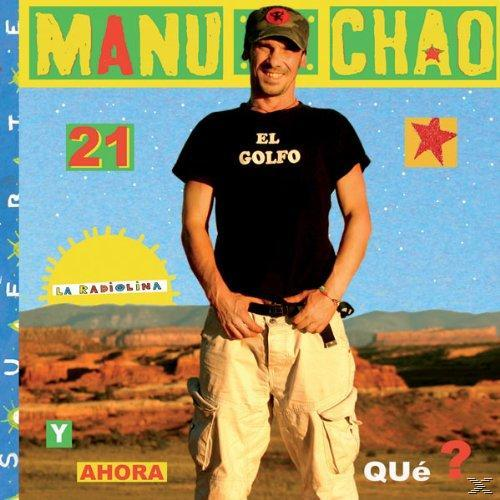 Albumcover mit Manu Chao. Er trägt eine Mütze und ein schwarzes T-Shirt. Hintergrund hat Landschafts- und Textelemente.