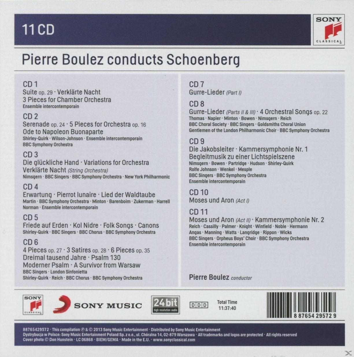 11 CD-s kiadvány tokja, "Pierre Boulez vezényli Schoenberg", Sony Classical.