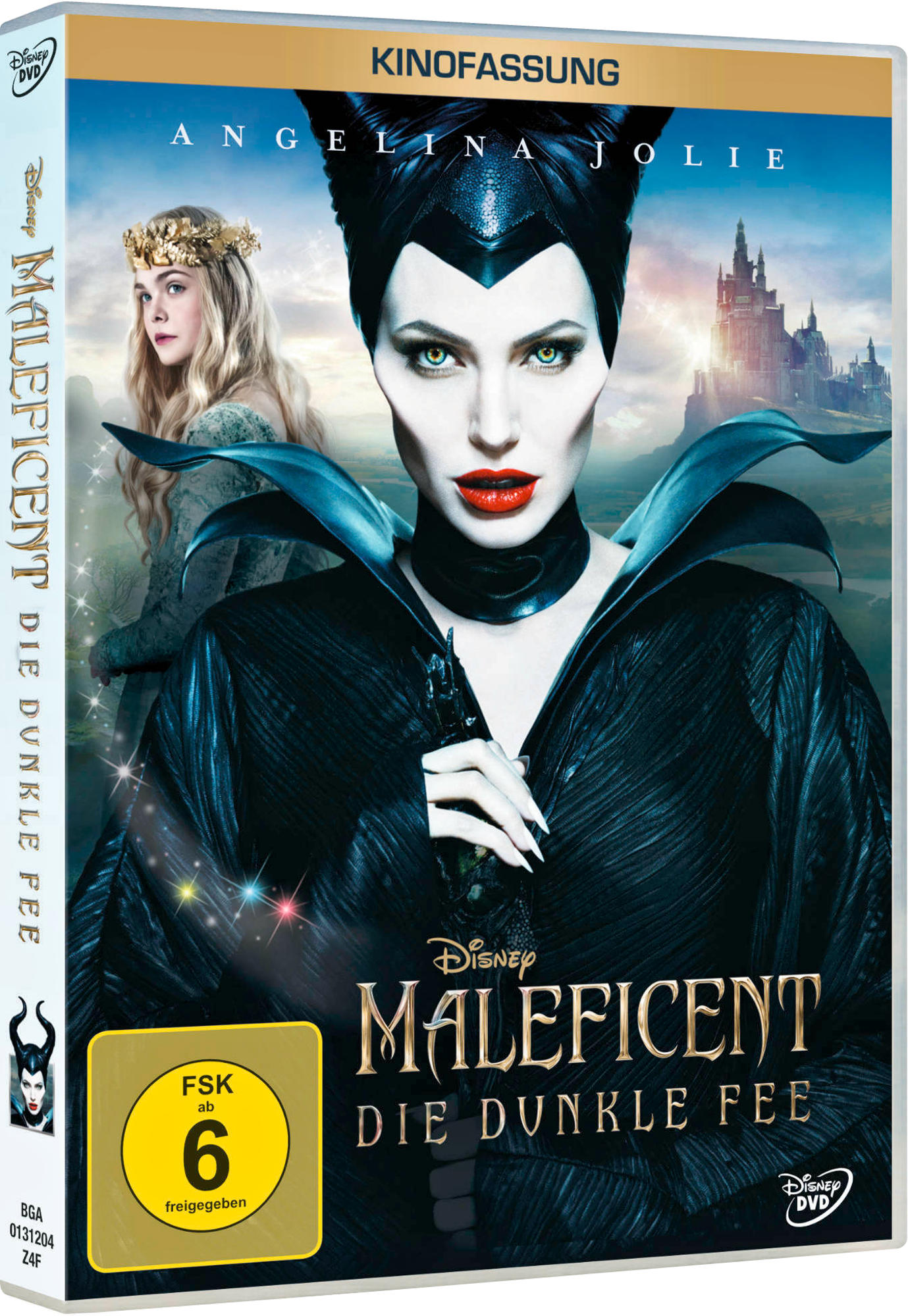 DVD-Cover für Maleficent mit Angelina Jolie, blonde Frau und Disney-Logo.