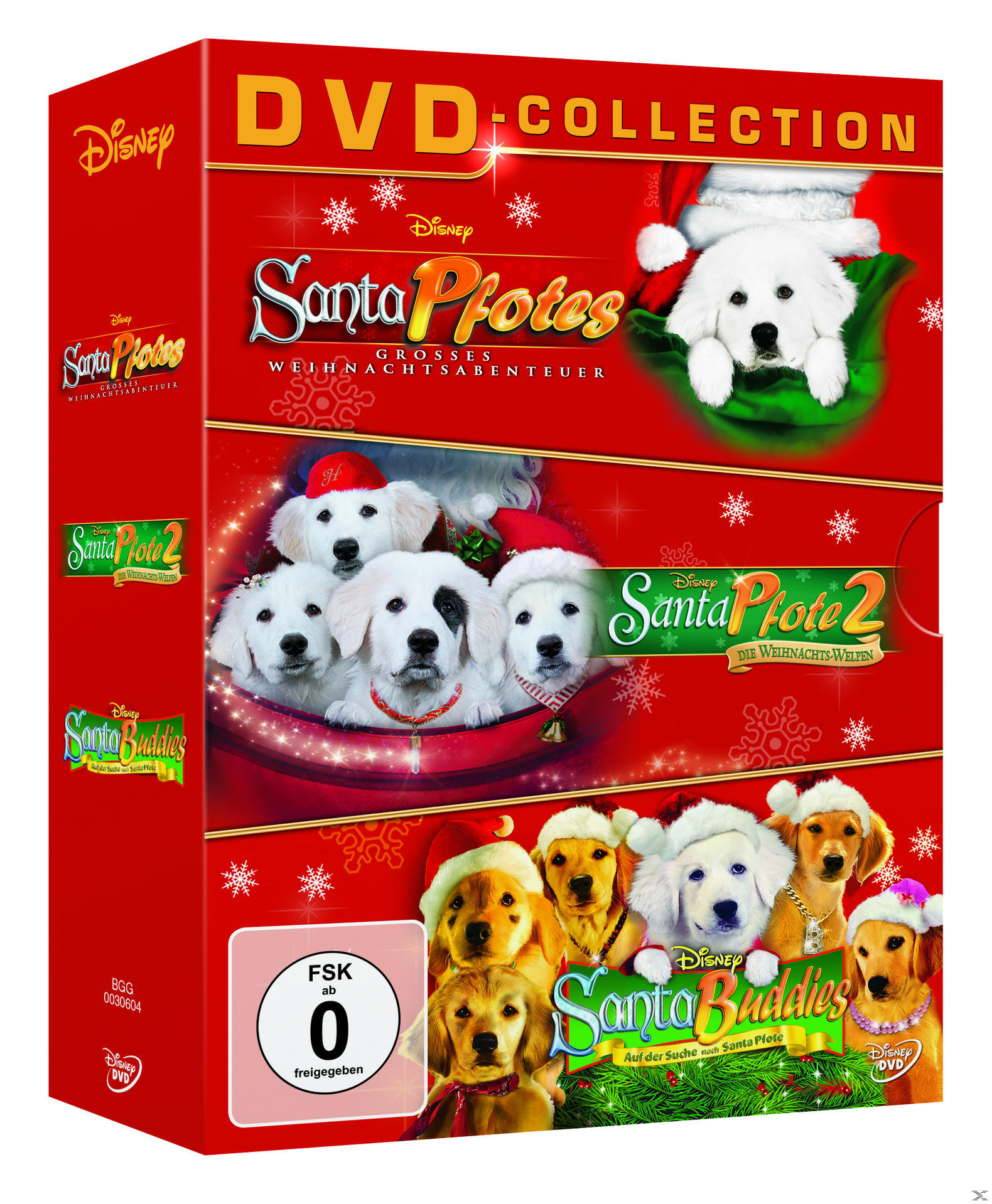 DVD-Box-Set, Santa Paws, Santa Buddies. Welpen mit Weihnachtsmützen. Rote Box.
