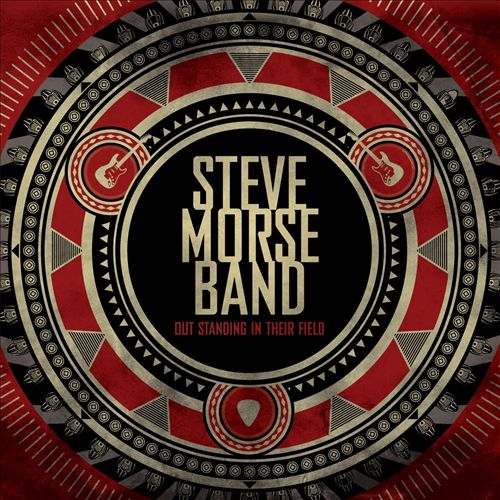 Album borító: Steve Morse Band, egy piros és fekete kör alakú design gitárokkal.