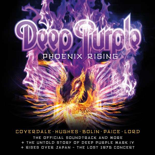 A Deep Purple 'Phoenix Rising' albumának borítója lila lángokkal és a zenekar tagjainak nevével.