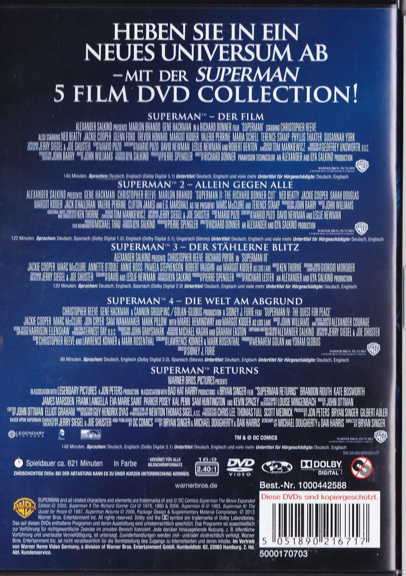 DVD-Hülle mit Text und Fotos einer Superman-Filmsammlung.