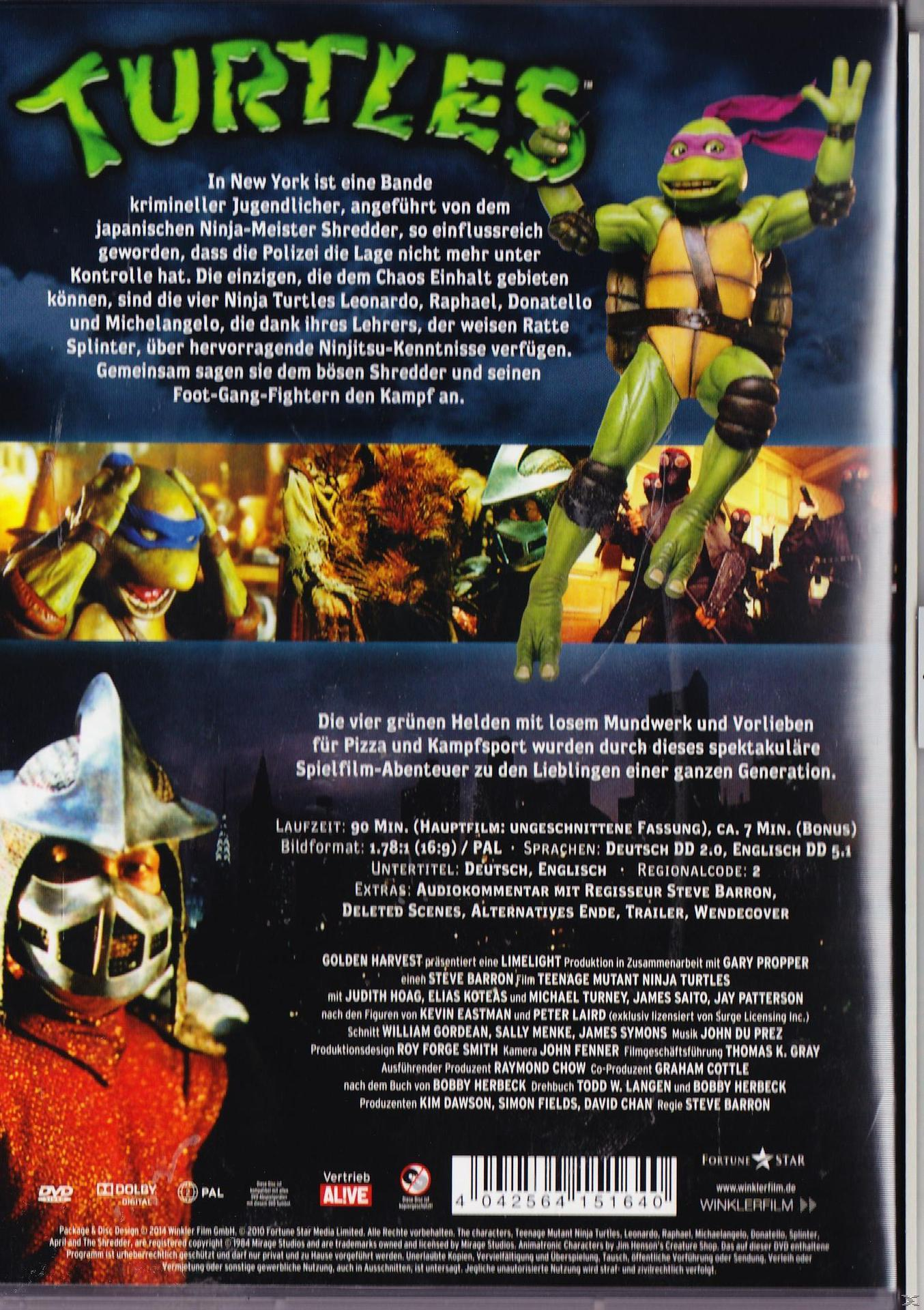 DVD-Cover für Teenage Mutant Ninja Turtles. Vier Schildkröten kämpfen gegen Shredder. Text auf Deutsch.