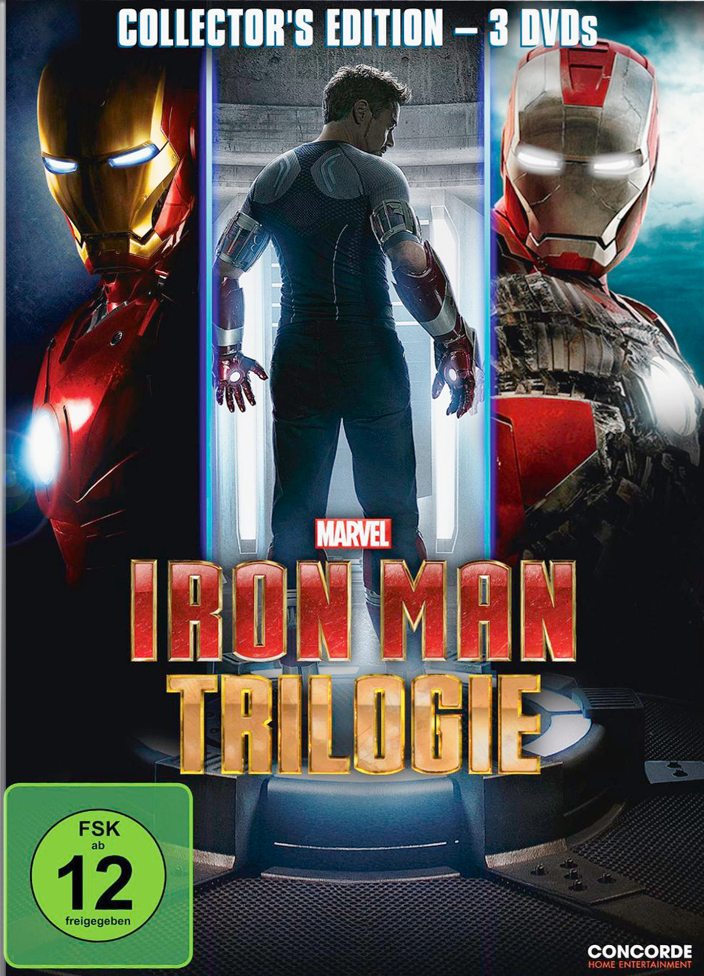 DVD-Cover, Iron Man Trilogie. Drei Iron Man Anzüge, Mann in der Mitte. Rot, Gold.