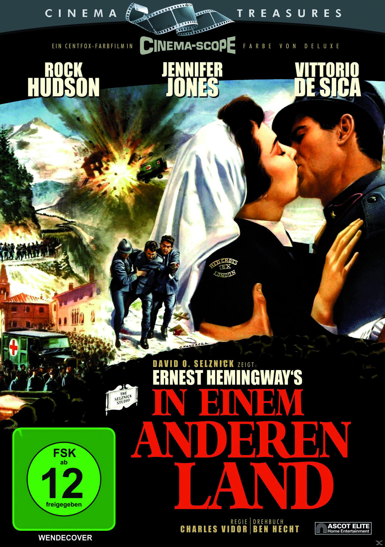 Filmplakat: Kriegsszene, küssendes Paar, Explosionen, Armeefiguren und die Namen der Schauspieler.
