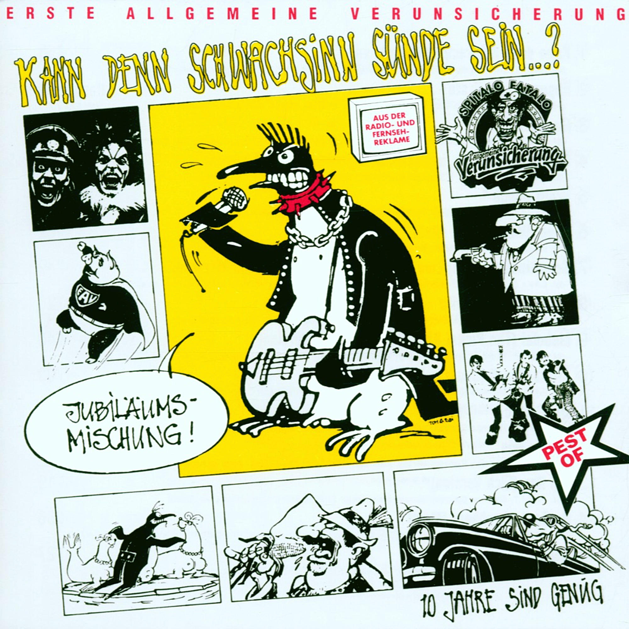 Albumcover mit Cartoonfiguren und Text in verschiedenen Kästchen.