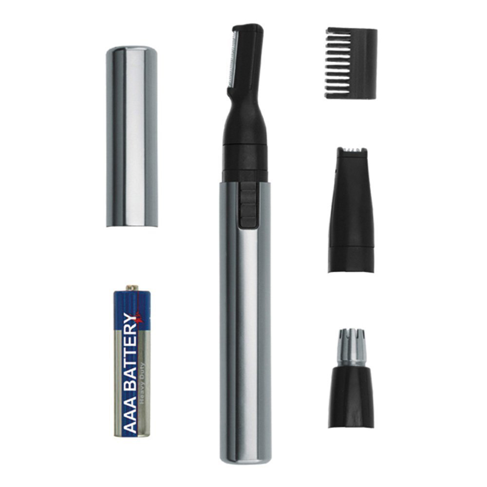 Ein silberner Nasen- und Ohrenhaartrimmer, zerlegt. Enthält eine Batterie und verschiedene Aufsätze.
