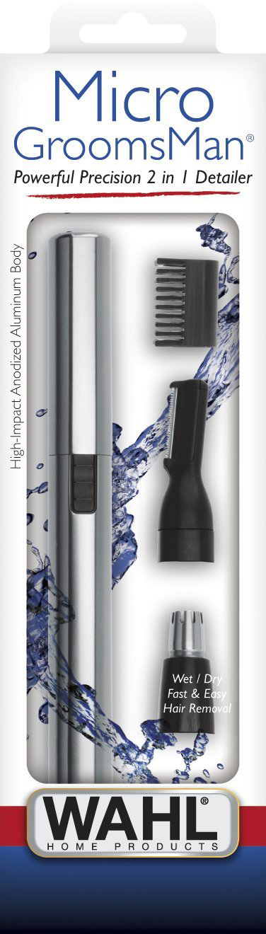 Micro Groomsman. Ein Trimmer mit Aufsätzen. Das Produkt ist silberfarben und in einer Verpackung.