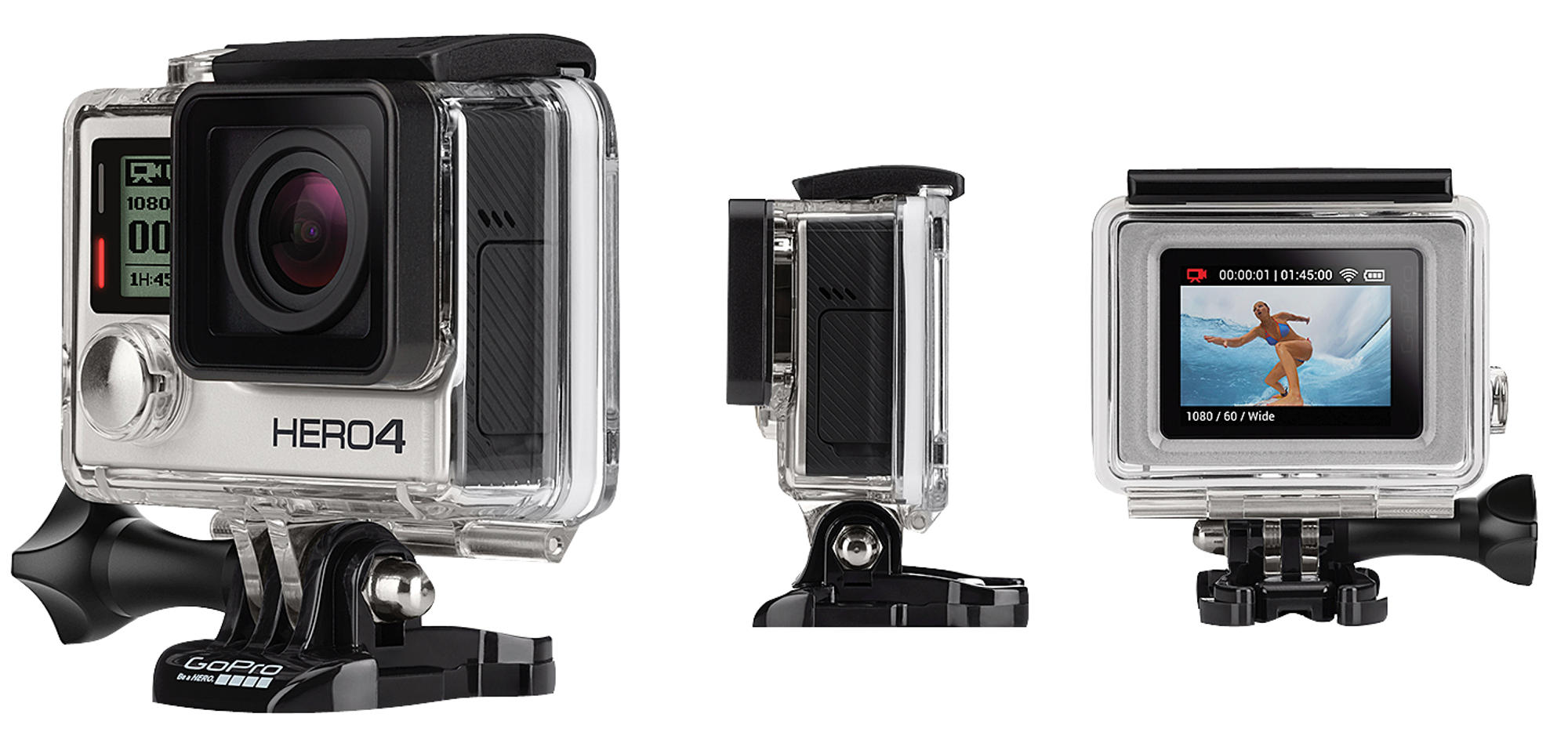 Tres cámaras GoPro HERO4 en sus carcasas impermeables, sobre fondo blanco.