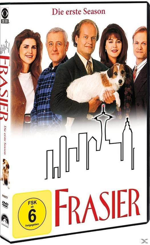 DVD-Hülle für die Show Frasier. Die Darsteller stehen vor einer Skyline.