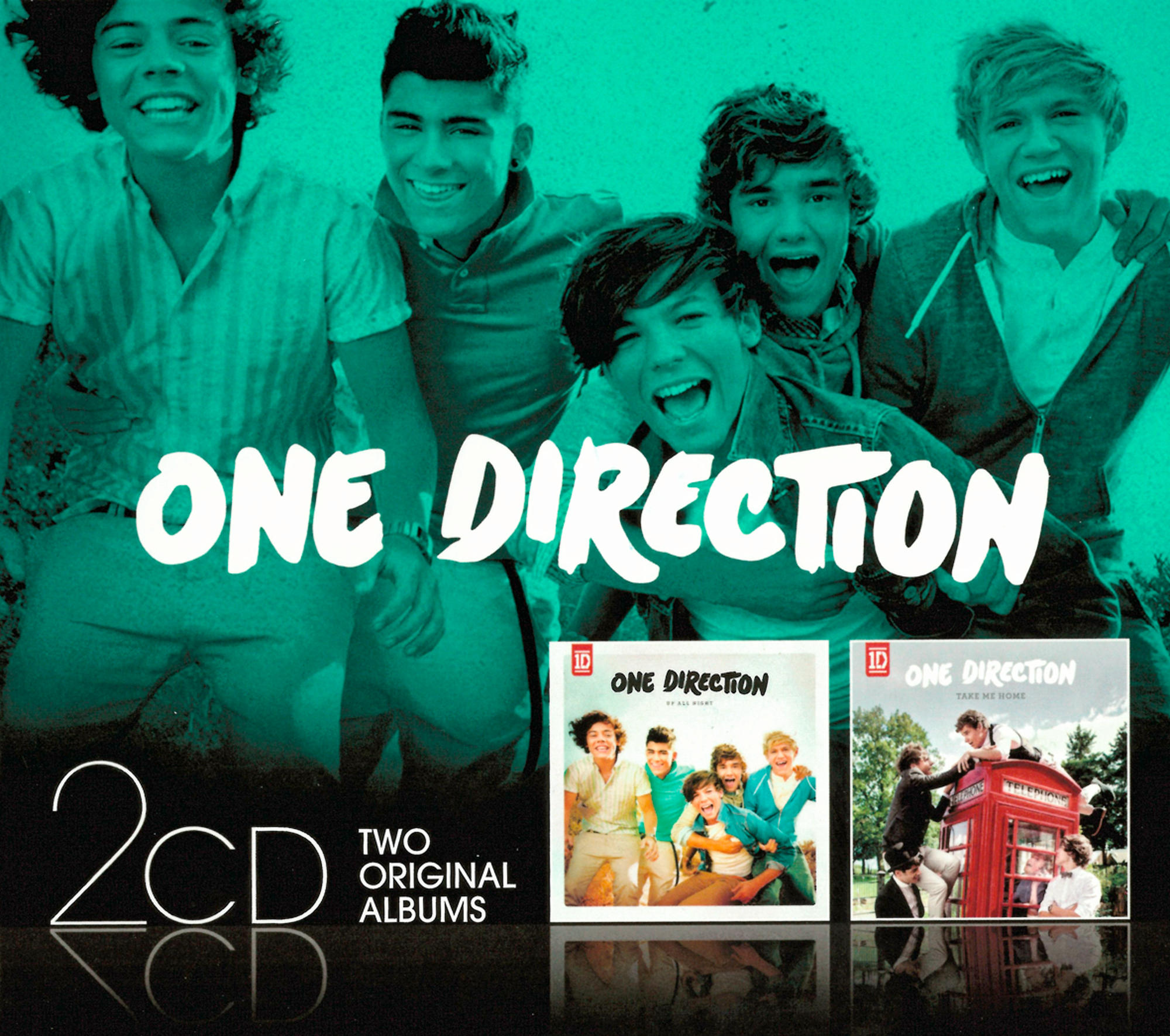 One Direction Albumcover. Die Gruppe von fünf Jungen. Albumname in fetten Buchstaben.