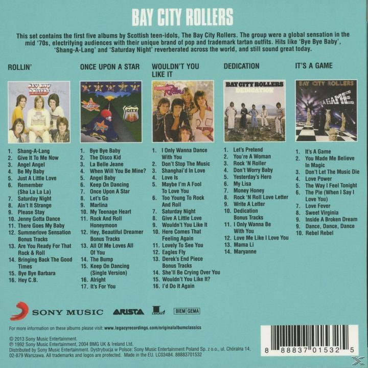 Albumcover. Das Albumcover der Bay City Rollers. Mehrere Albumcover und Titellisten sind sichtbar.