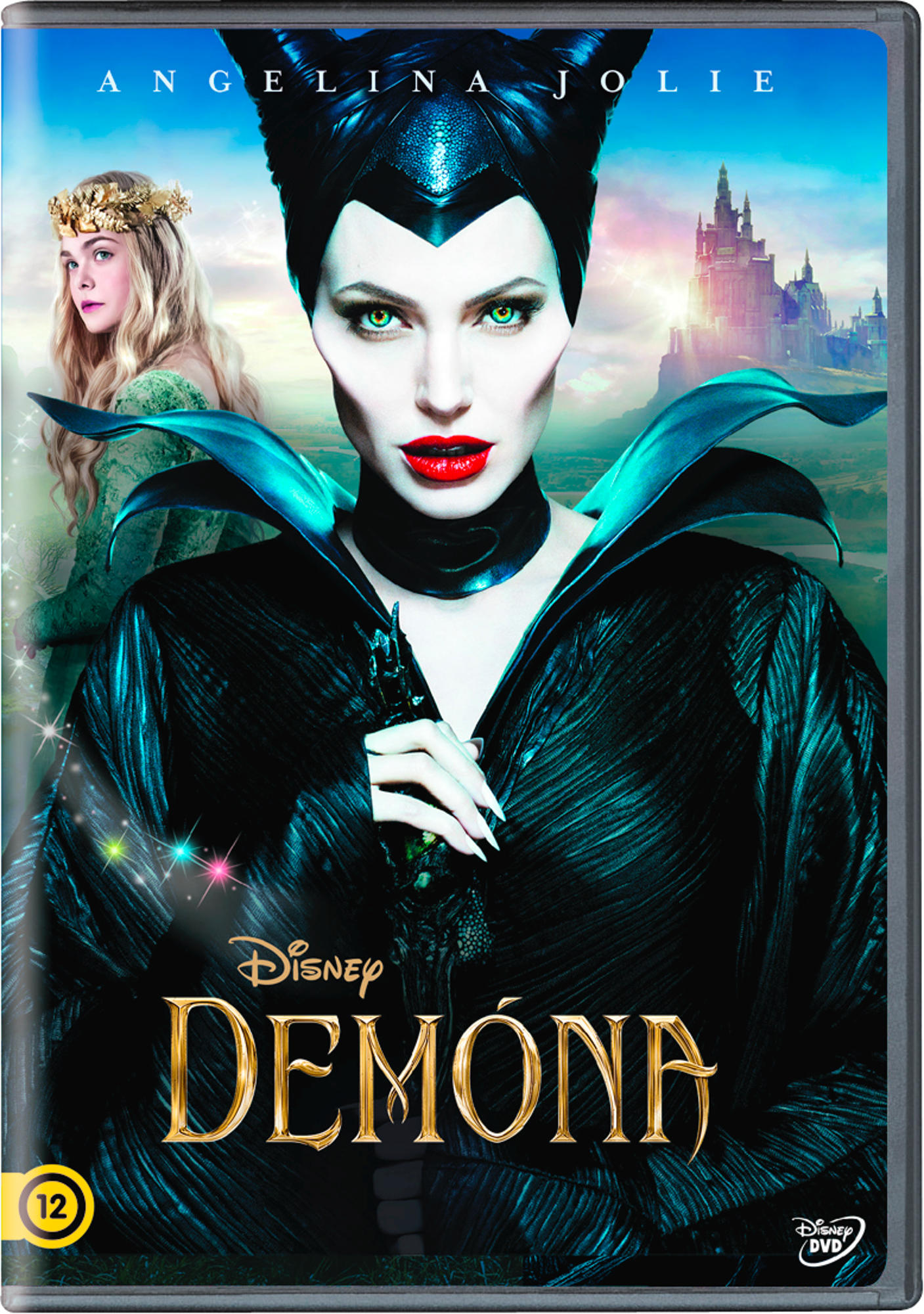 A Demóna című film plakátja. Angelina Jolie a főszereplő. Egy szarvakkal és sötét ruhákkal rendelkező nő.