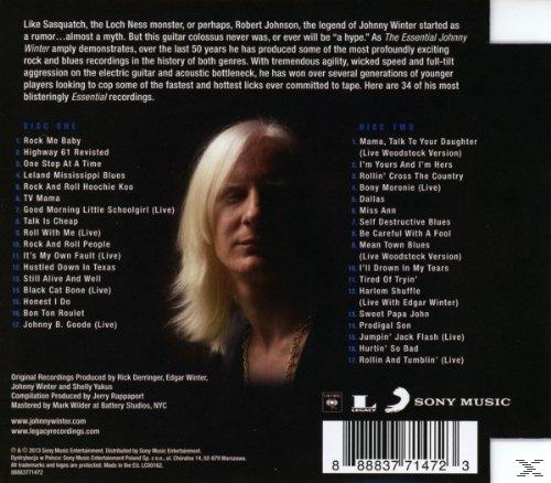 Albumcover. Johnny Winter mit langen blonden Haaren, nach rechts blickend. Text listet Songs und Credits auf dunklem Hintergrund.