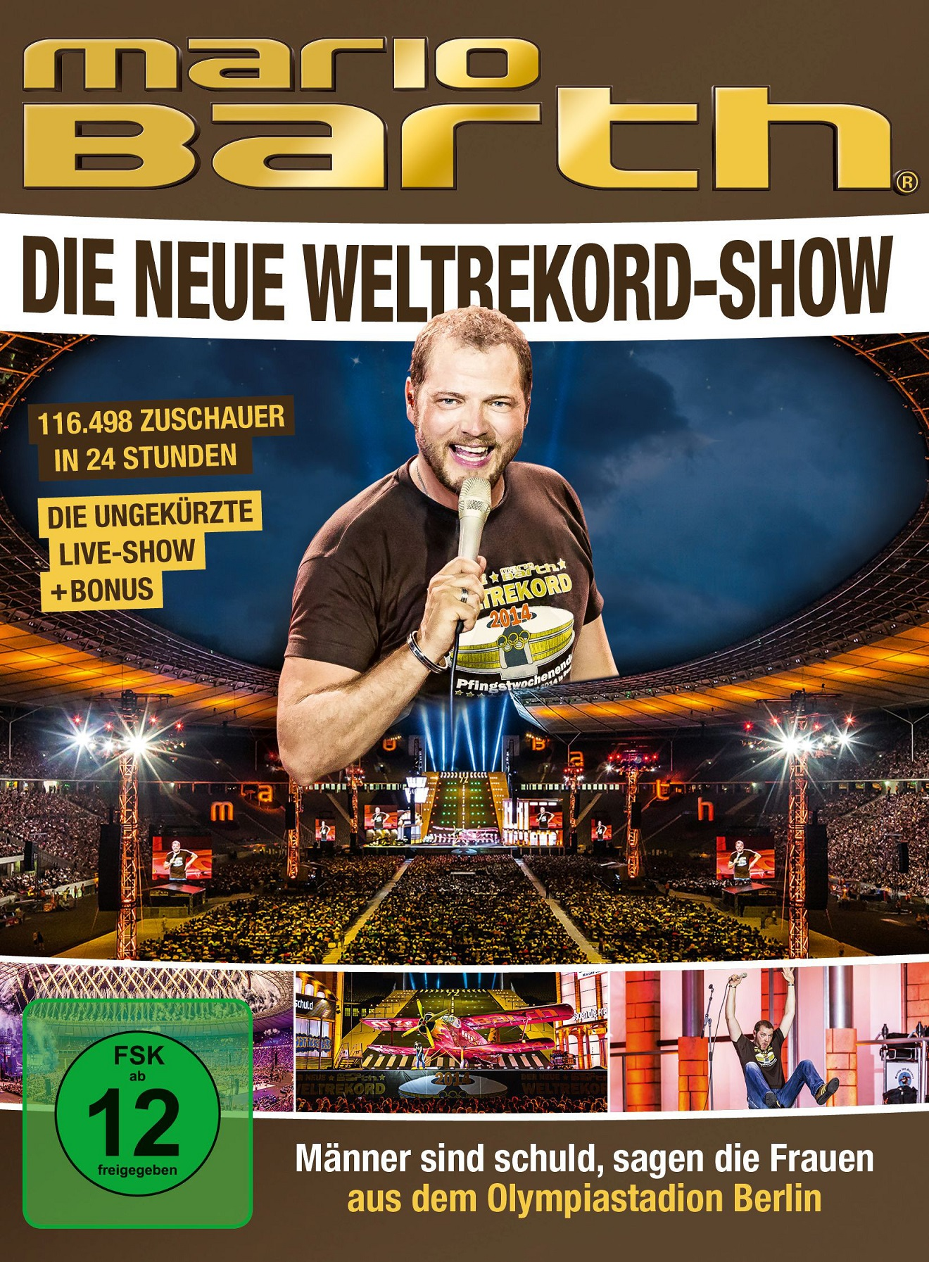 DVD-Cover: Mario Barth auf der Bühne mit Mikrofon, Publikum. Titel: 'Die Neue Weltrekord-Show'.