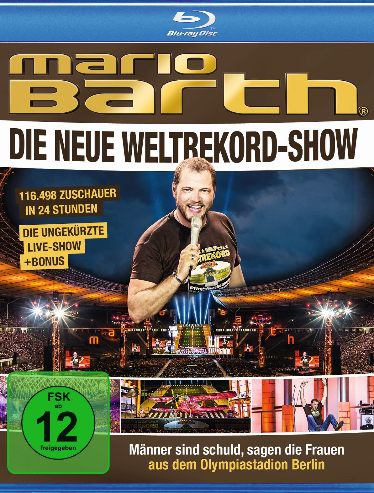 DVD-Cover: Mario Barth, Titel 'Die Neue Weltrekord-Show'. Ein Mann hält ein Mikrofon auf einer Bühne.