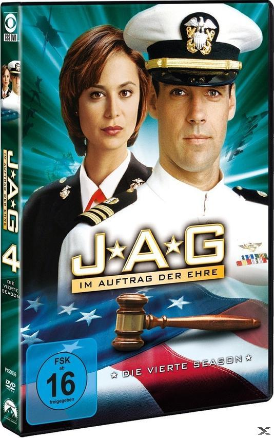 DVD-Cover, JAG, zwei Personen in Marineuniformen, amerikanische Flagge, Gerichtssaal-Illustration.