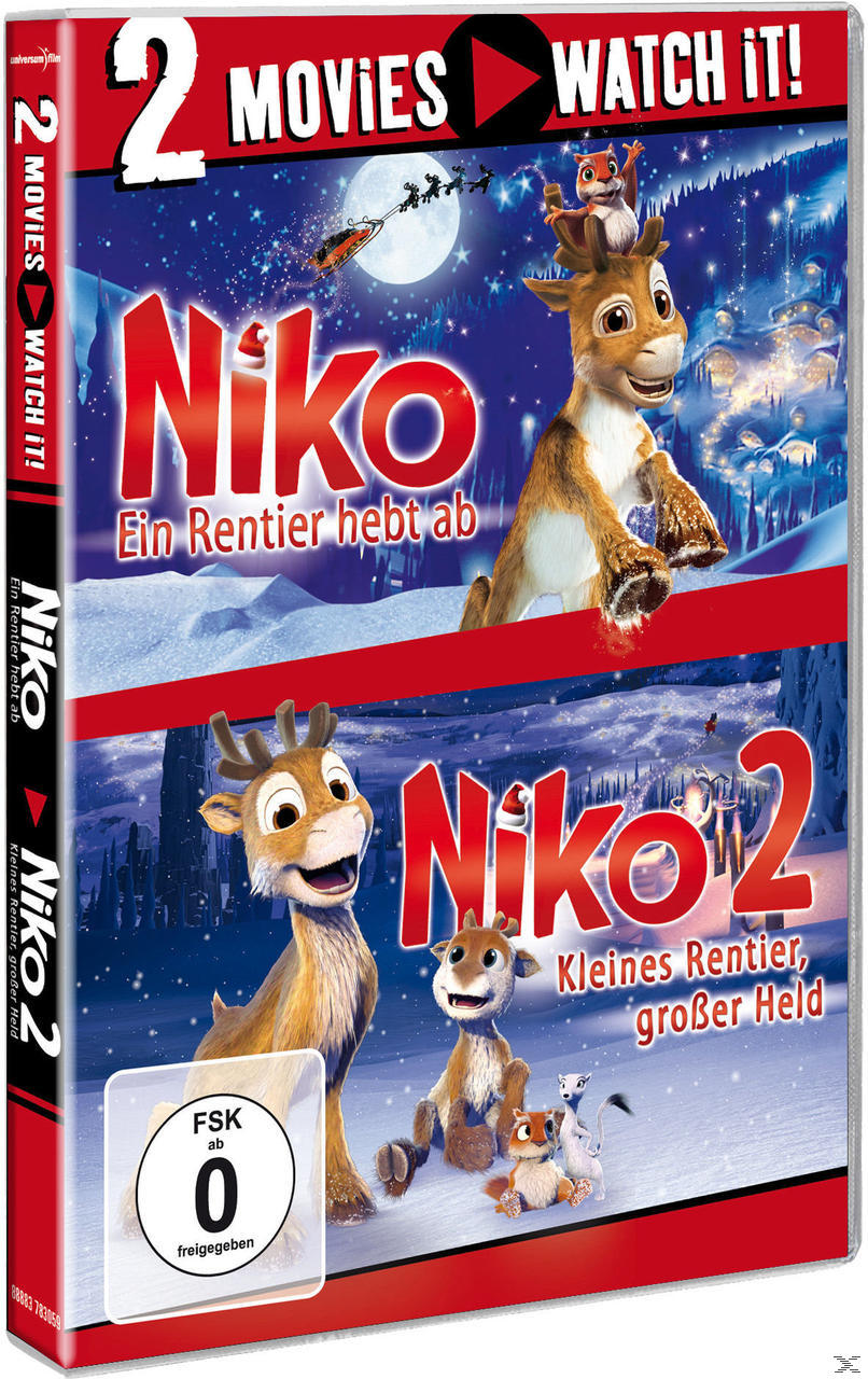 DVD-Hülle mit zwei animierten Filmen: Niko und Niko 2. Das Cover zeigt Rentiere und Winterszenen.