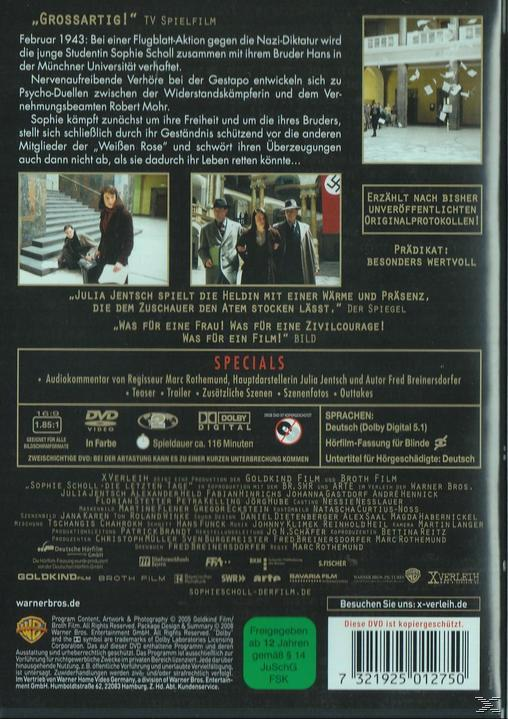 DVD-Rückseite mit deutschem Text und Bildern aus einem Film über Sophie Scholl.