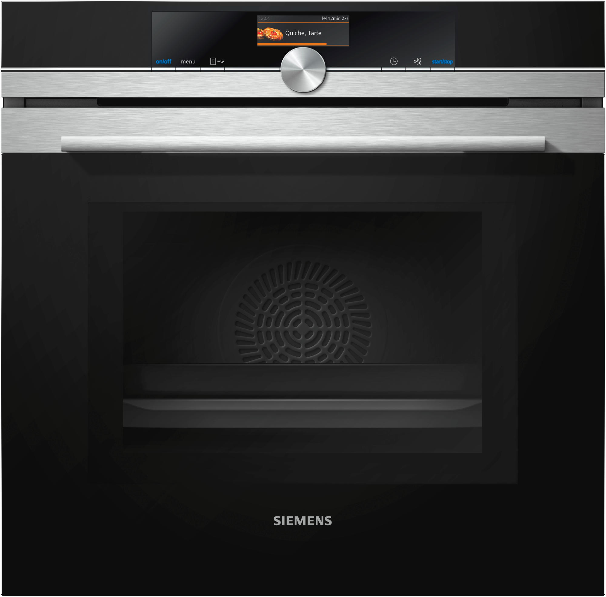 Ein schwarzer Siemens-Backofen mit digitaler Anzeige, die ein Rezept zeigt. Die Glastür ist geschlossen.
