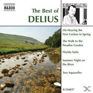 Landschaft: Fluss fließt durch grünes Tal. CD-Cover mit Text: The Best of DELIUS und Künstlerporträt.