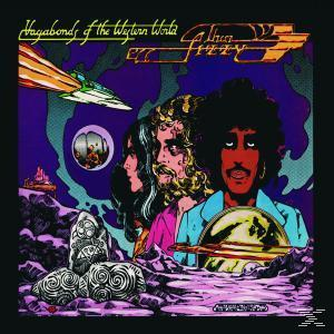Ein Albumcover. Illustration mit drei Personen und einem Planeten. Text "Thin Lizzy".