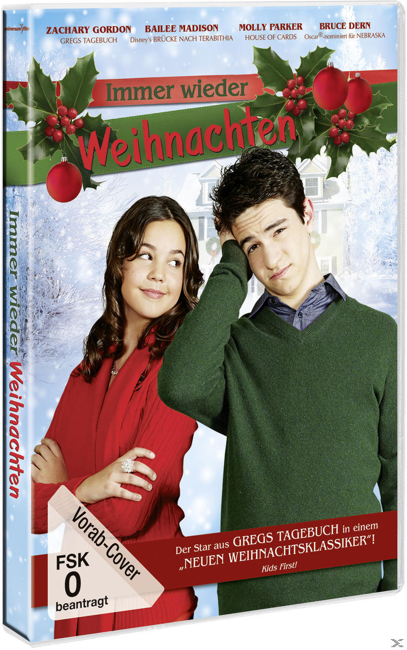 DVD-Cover mit zwei Teenagern, Junge in grünem Pullover, Mädchen in rotem Mantel, Weihnachtsthema, Text auf Deutsch.