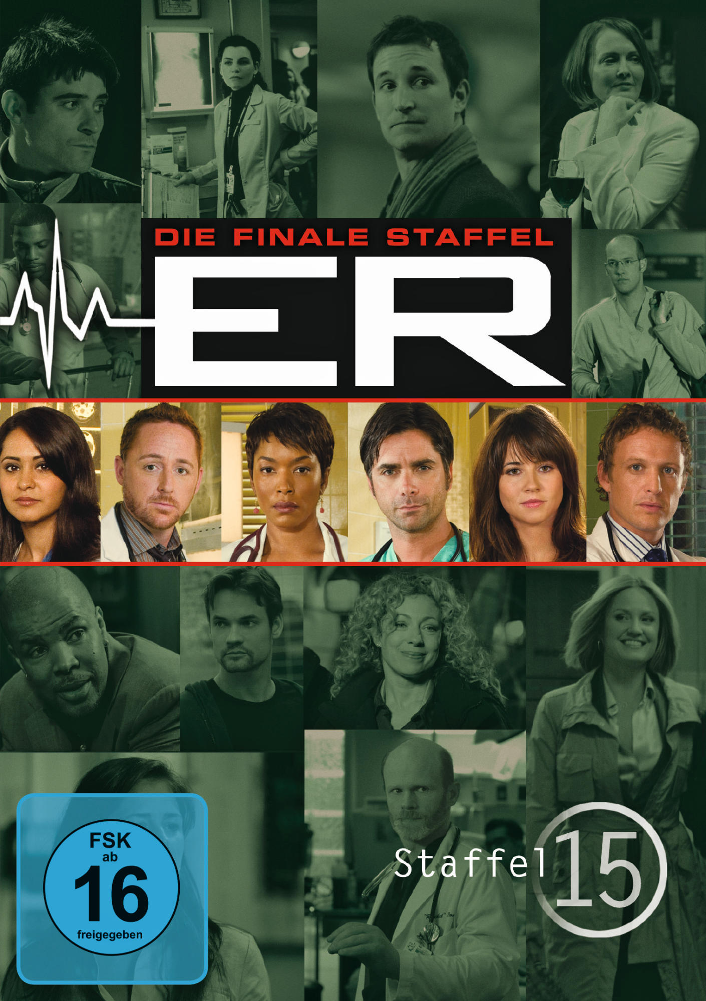 DVD-Hülle der 'ER'-Serienfinalstaffel. Zeigt Gesichter mehrerer Schauspieler und ein medizinisches Thema.
