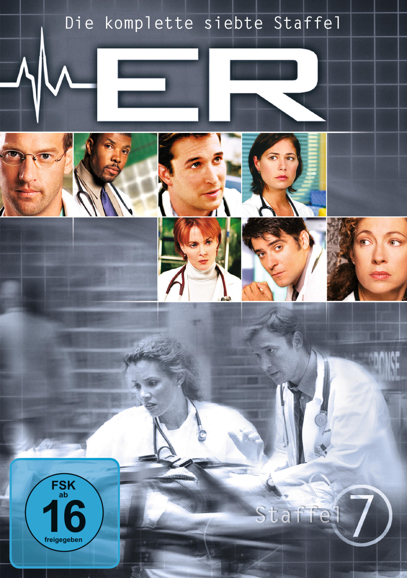 DVD-Cover für ER Staffel 7. Zeigt Darsteller und Szene aus der Serie.