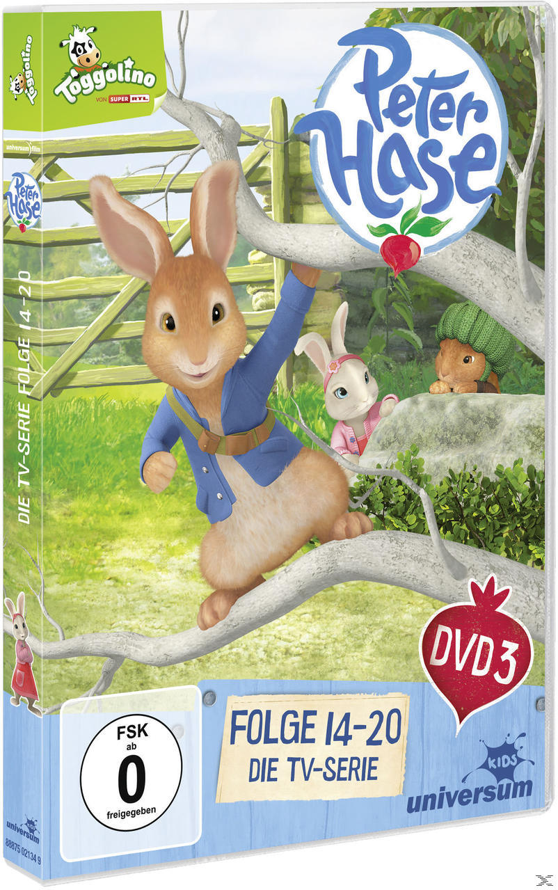 DVD-Cover: Peter Rabbit Cartoon mit Kaninchen, Bäumen und einem Zaun.